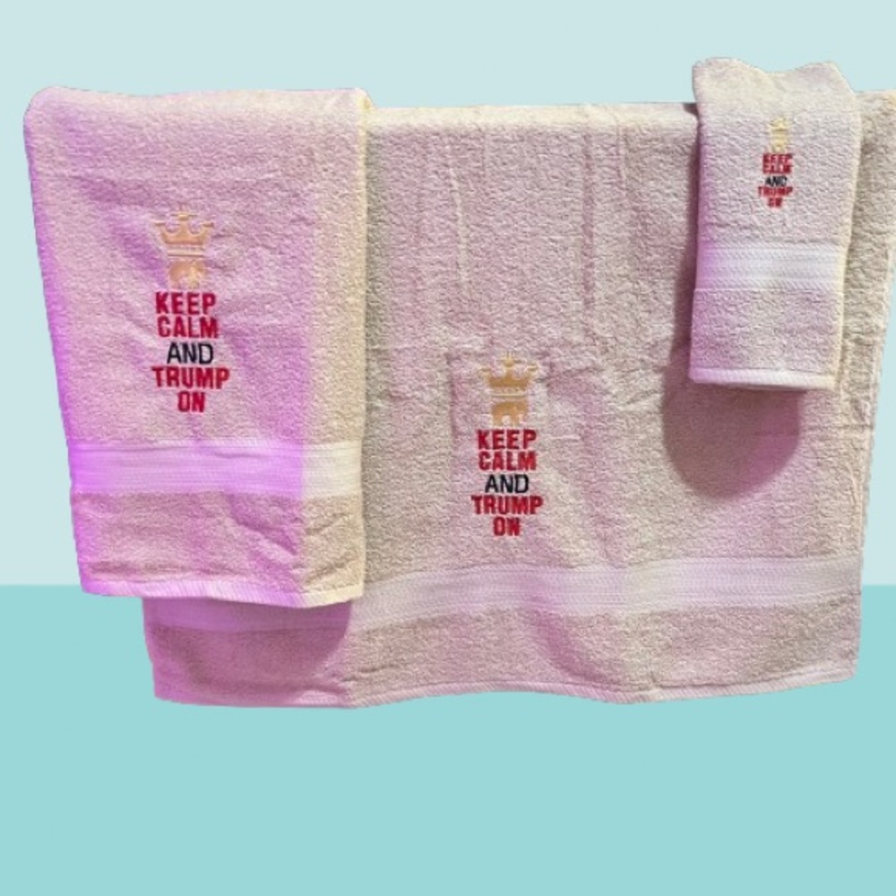 MAGA Authentic Trademarked Bath Towel Sets. Baby onesie and Pom Pom beanies
